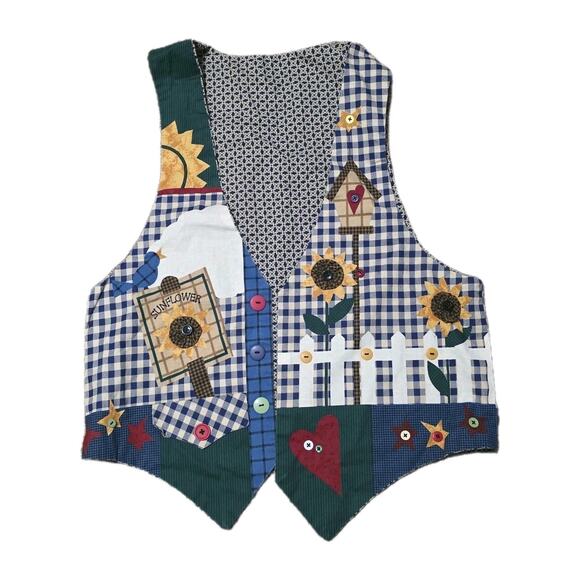 Vtg Fall Sunflower Vest Womens L Wearable Art Pumpkin Patch Boho Vintage Open - Picture 1 of 5